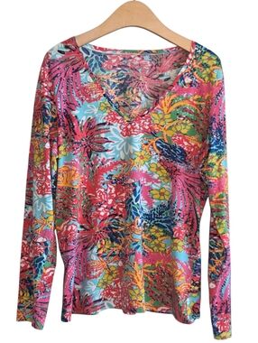 Lilly Pulitzer Jodie Fishing for Compliments Vibrant Floral Long Sleeves Top XL